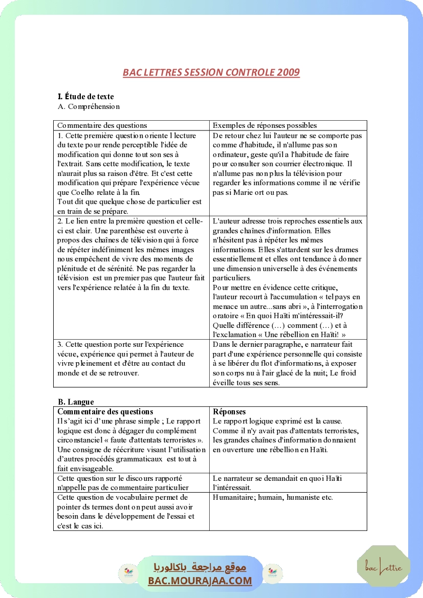 Corrigé controle francais Bac 2009 – Section lettre